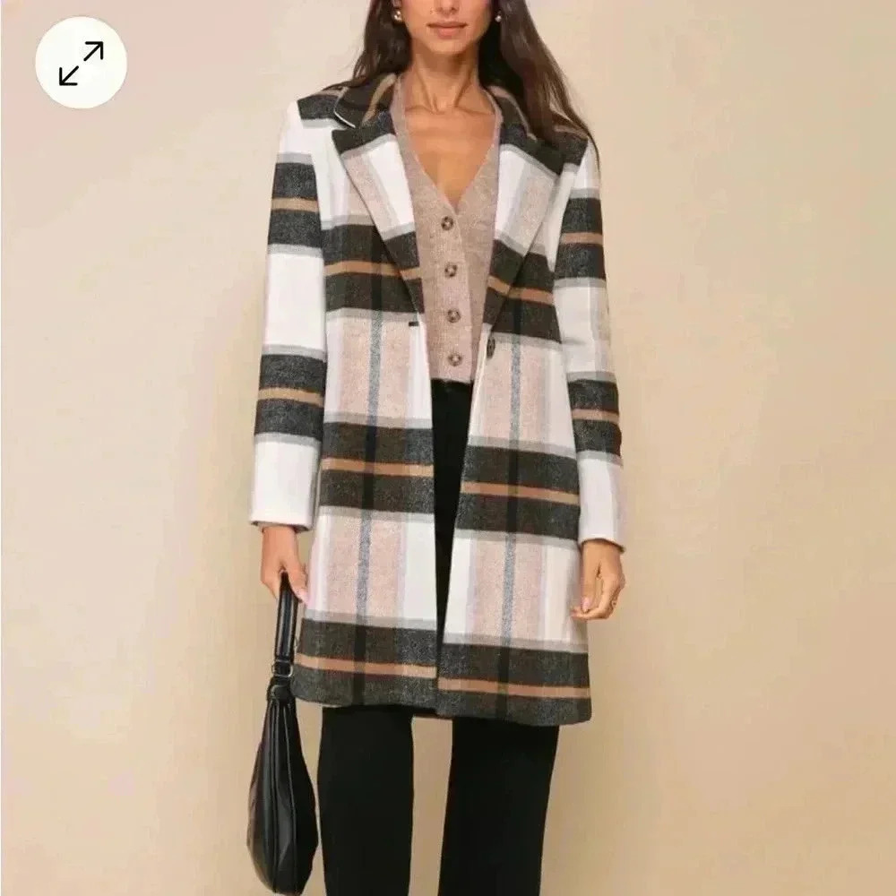 NWOT Steve Madden | Cher Ivory Plaid Brushed Wool Coat